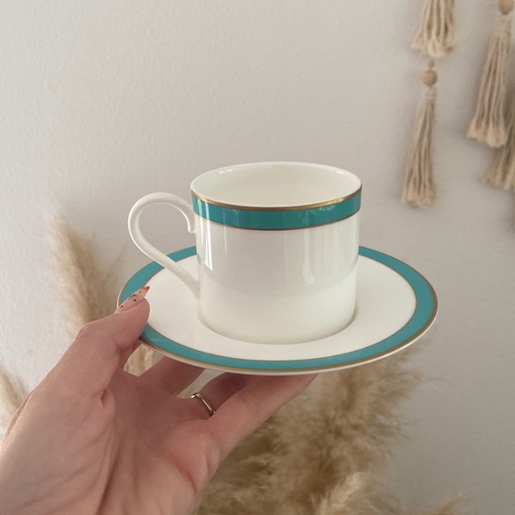 Crate & Barrel tea cup saucer set white teal gold fine bone China coffee - Picture 13 of 13